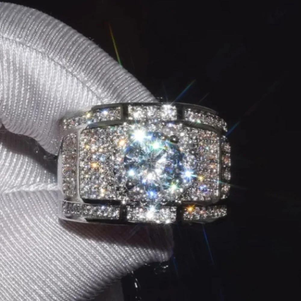 NEW Silver Round Halo Diamond Wide Wedding Band Ring - Picture 5 of 6